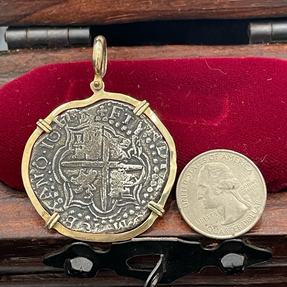 Atocha shipwreck treasure Mel fisher silver coin pendant in 14k solid gold bezel